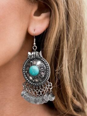 (8) Faux Turquoise Silver Tone Dangle Earrings Boho Bohemian Western